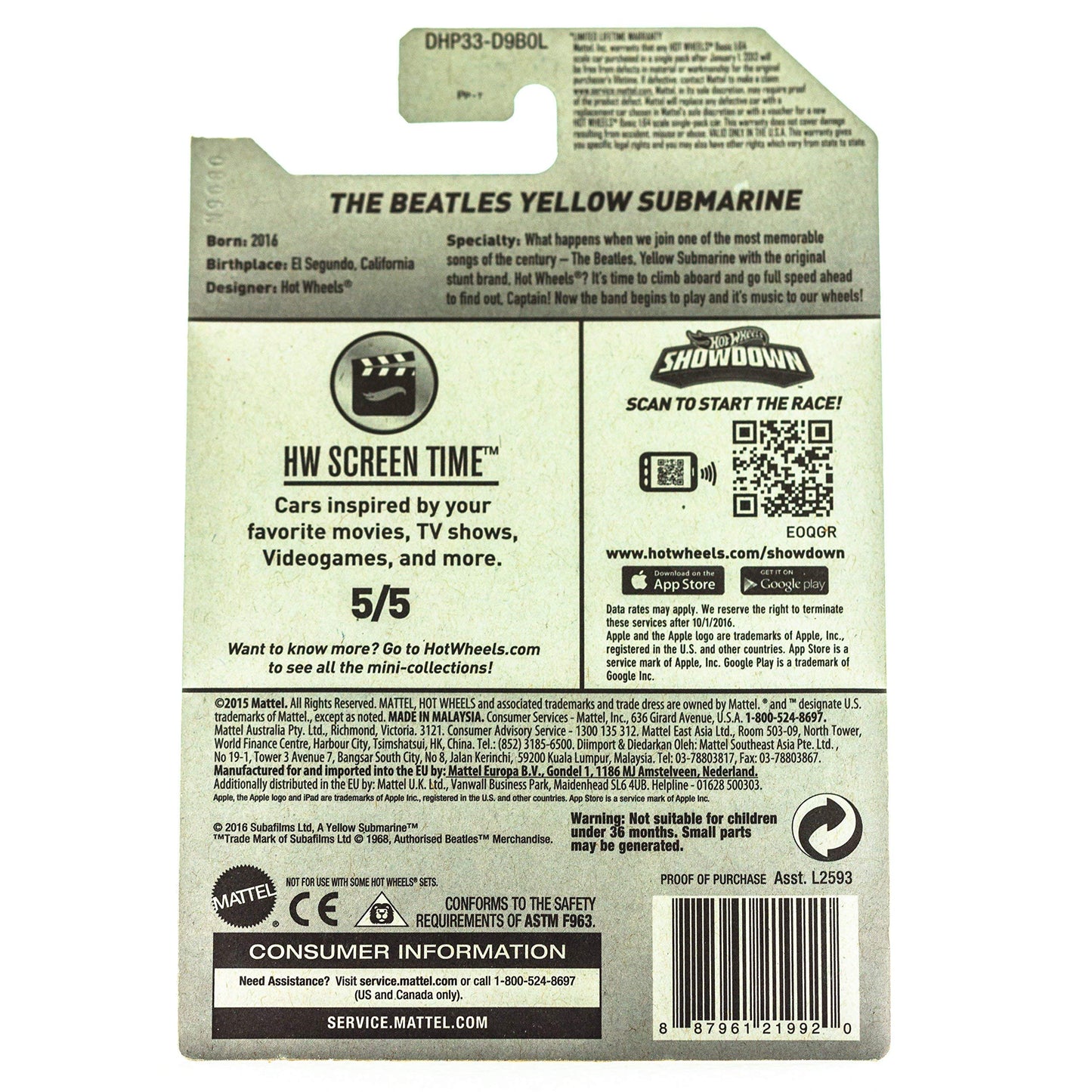 Hot Wheels 2016 HW Screen Time No. 225/250 1:64 Scaled The Beatles Yellow Submarine