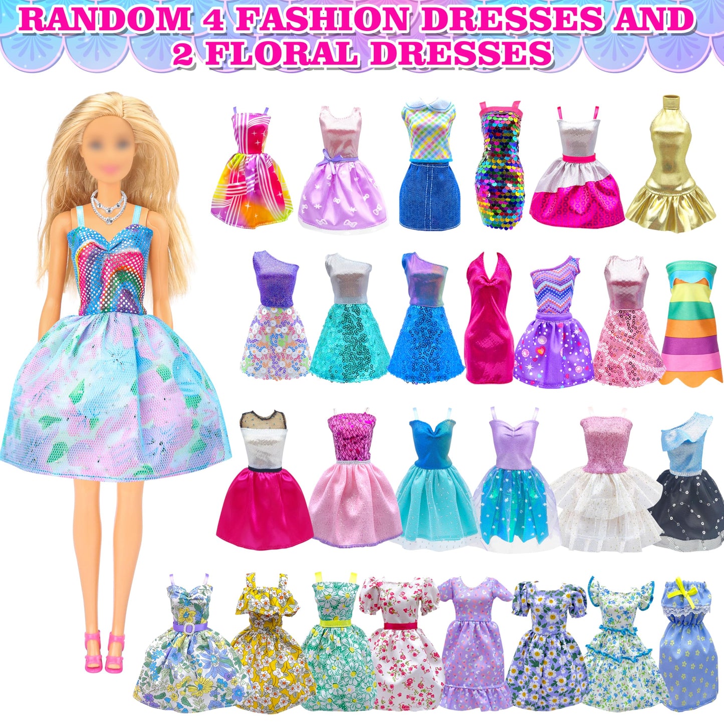 Style Shine 100-Piece Doll Clothes & Accessories Set – Dresses, Gowns, Jumpsuit, Tops, Pants, Shoes, Hangers & More – Birthday Gift