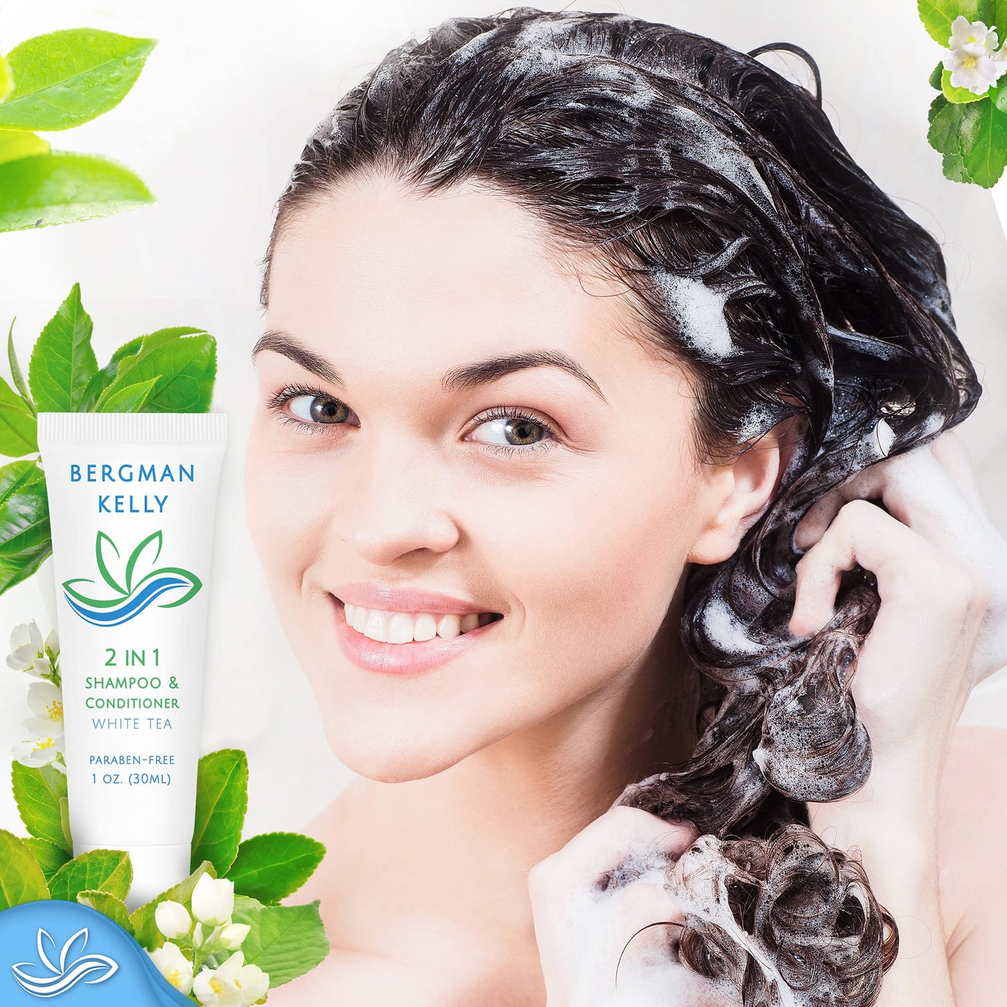 BERGMAN KELLY Travel Size 2-in-1 Shampoo & Conditioner, White Tea Scent – 1 fl oz, 100 Pack – Refreshing Hotel Toiletries & Guest Amenities