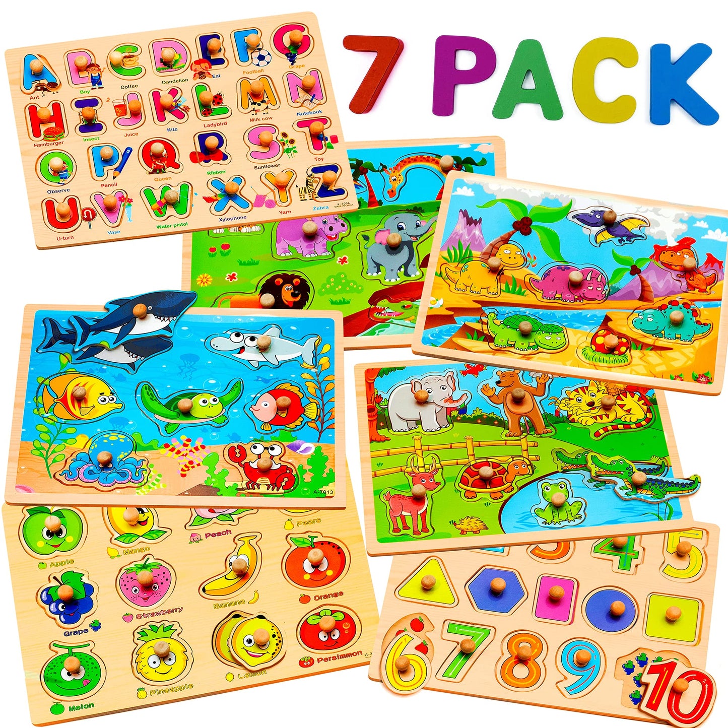 7-Pack Wooden Puzzles for Toddlers Ages 2-5 – Colorful Chunky Peg Puzzles with Alphabet, Numbers, Animals & Shapes, Educational Learning Toys