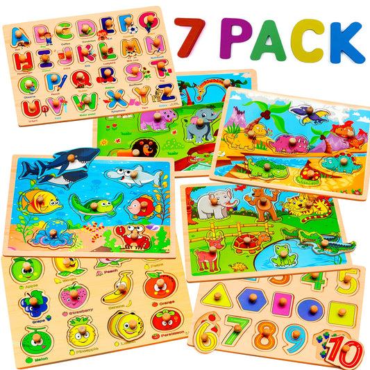 7-Pack Wooden Puzzles for Toddlers Ages 2-5 – Colorful Chunky Peg Puzzles with Alphabet, Numbers, Animals & Shapes, Educational Learning Toys