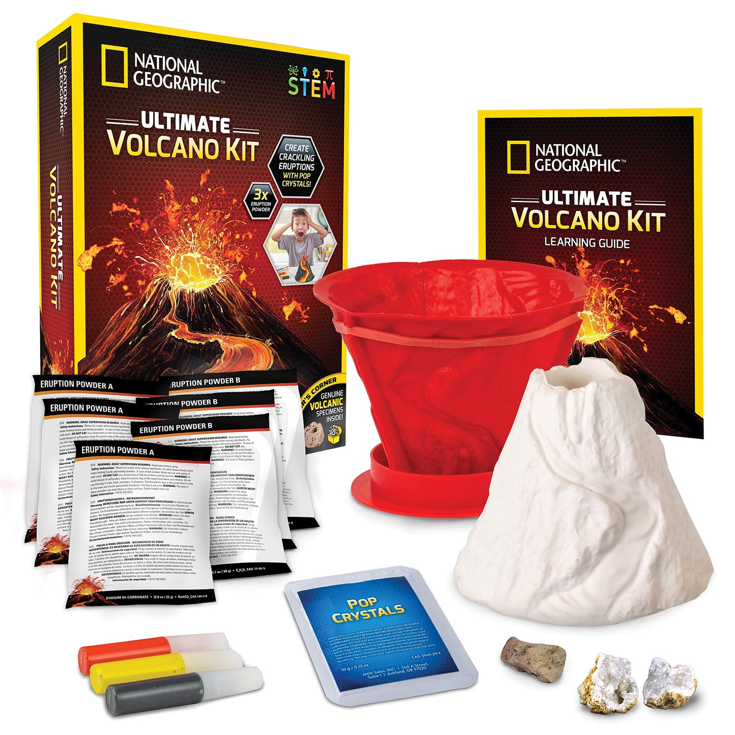 National Geographic Volcano Kit for Kids – STEM Science Toy with 3X Eruptions, Pop Crystals, Fun Educational Volcano Experiment
