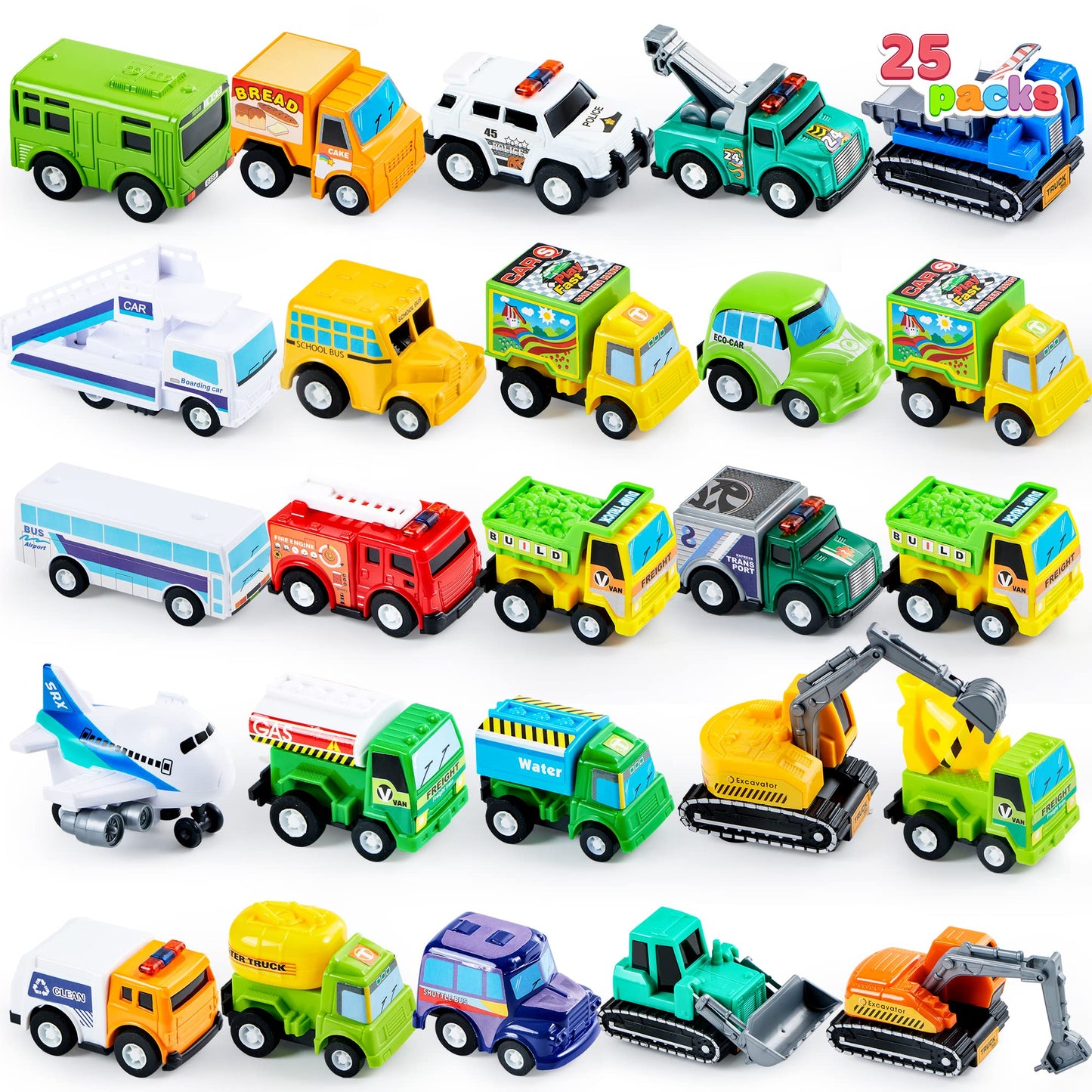 JOYIN 25-Piece Pull Back Cars & Trucks Toy Set for Toddlers, Kids Boys & Girls – Die-Cast Vehicles, Party Favors, School Gifts & Goodie Bag Stuffers