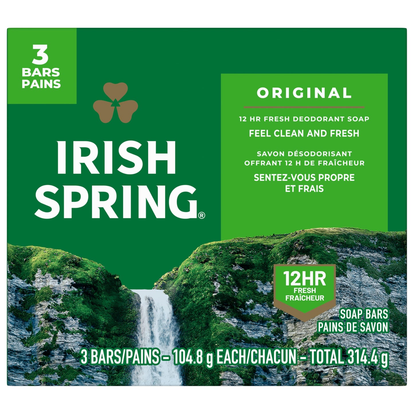 Irish Spring Men’s Original Clean Bar Soap, Fresh Scent 12H, Mild for Skin, 3.7 oz, 3 Bars – Pack of 8, Recyclable Carton