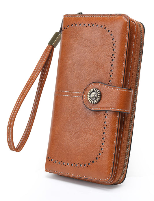 JJUQ Womens Wallet Leather Large Capacity Card Holder Zipper Wristlet Wallets for Women-brown