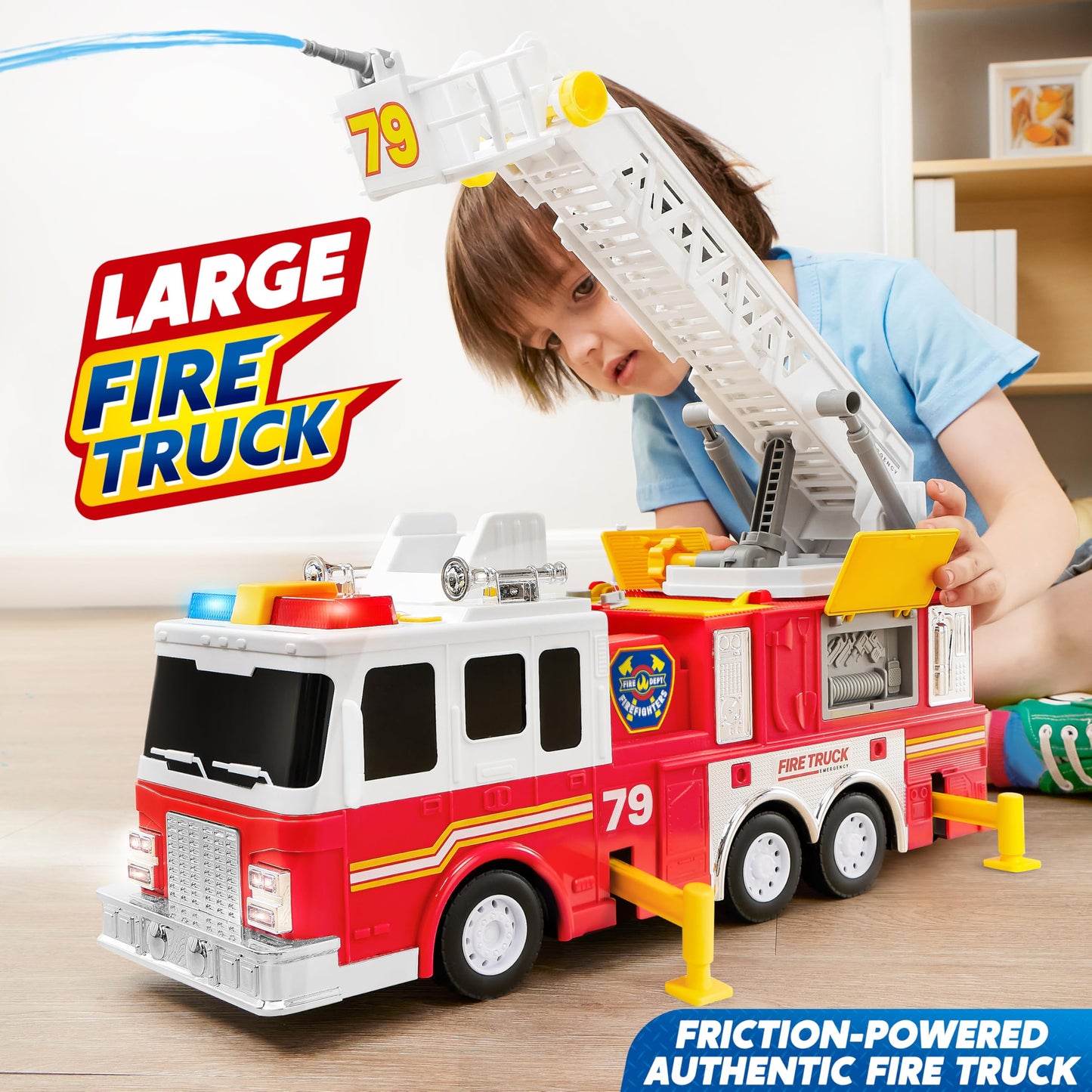 Extra Large 33" Fire Truck Toy for Boys with Lights, Sirens & Sprinkler Pump – Big Emergency Vehicle for Kids Ages 3-7, Gift