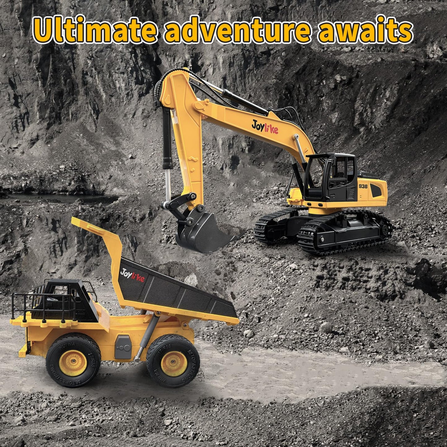 Joylike RC Excavator and Dump Truck Toy Set，2.4Ghz Metal Remote Control Construction Vehicle with Light&Sound, Best Christmas Toy for Boys 8+Year Old Kid