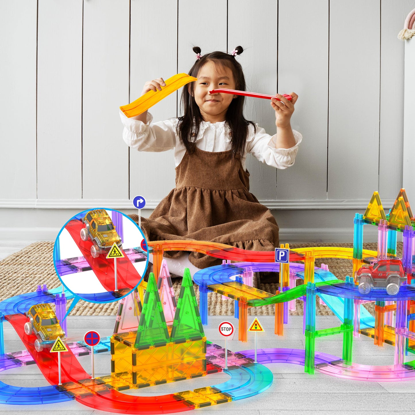 PicassoTiles 6-Piece Magnetic Tiles Race Track Accessories - STEM Building Blocks for Kids, Educational Construction & Creative Play PTR06