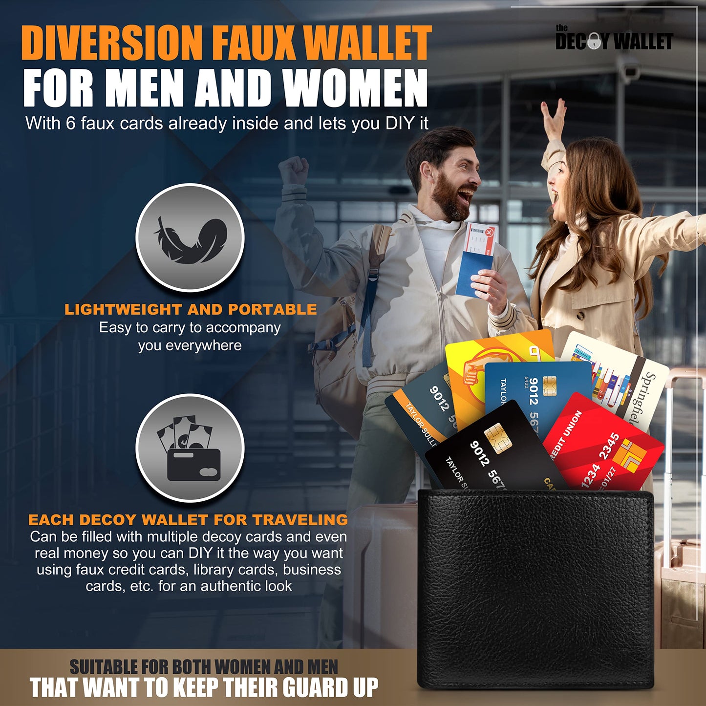 Decoy Wallet – Anti-Pickpocket Fake Wallet with 6 Faux Credit Cards, Realistic Travel Safety Wallet for Men & Women (Styles Vary)