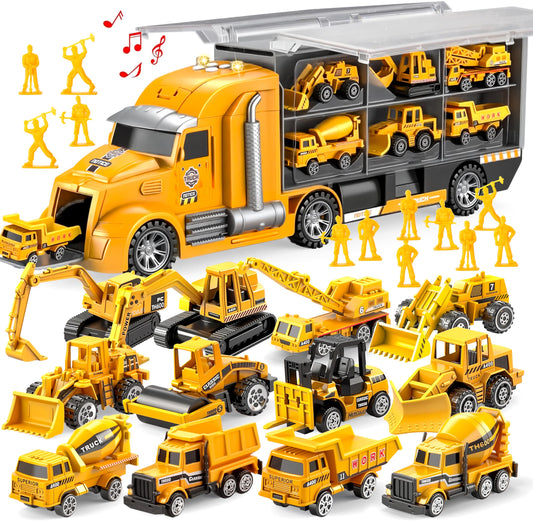JOYIN 25-in-1 Kids Construction Truck Toy Set – 24 Push & Go Cars, Worker Figures, Sounds & Lights, Birthday Gift for Boys 3-7 Years