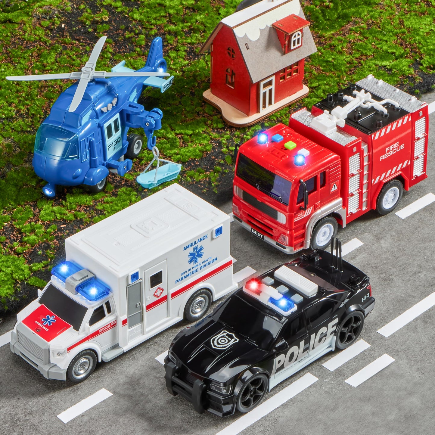 JOYIN 4-Pack Emergency Vehicle Toys, Friction Powered Fire Truck, Ambulance, Police Car & Helicopter with Lights & Sounds, Kids Gift