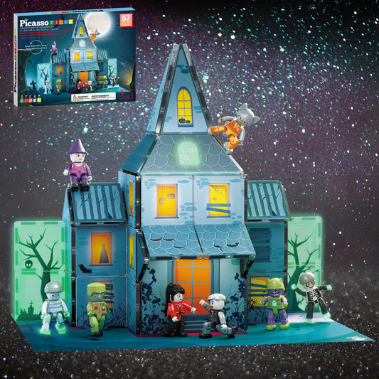 PicassoTiles Haunted House Magnetic Building Set with 8 Figures, Double-Sided Tiles, STEM Learning Toy for Kids 3+, Halloween Playset
