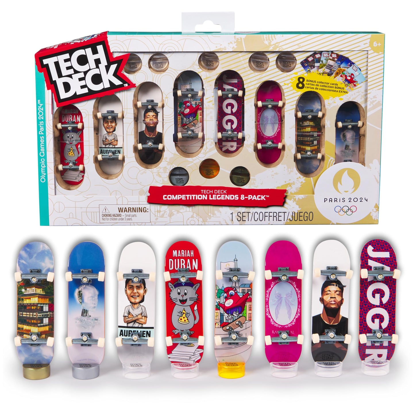 Tech Deck Competition Legends 8-Pack Fingerboards with Collectible Cards, Paris 2024 Olympics Mini Skateboards for Kids 6+