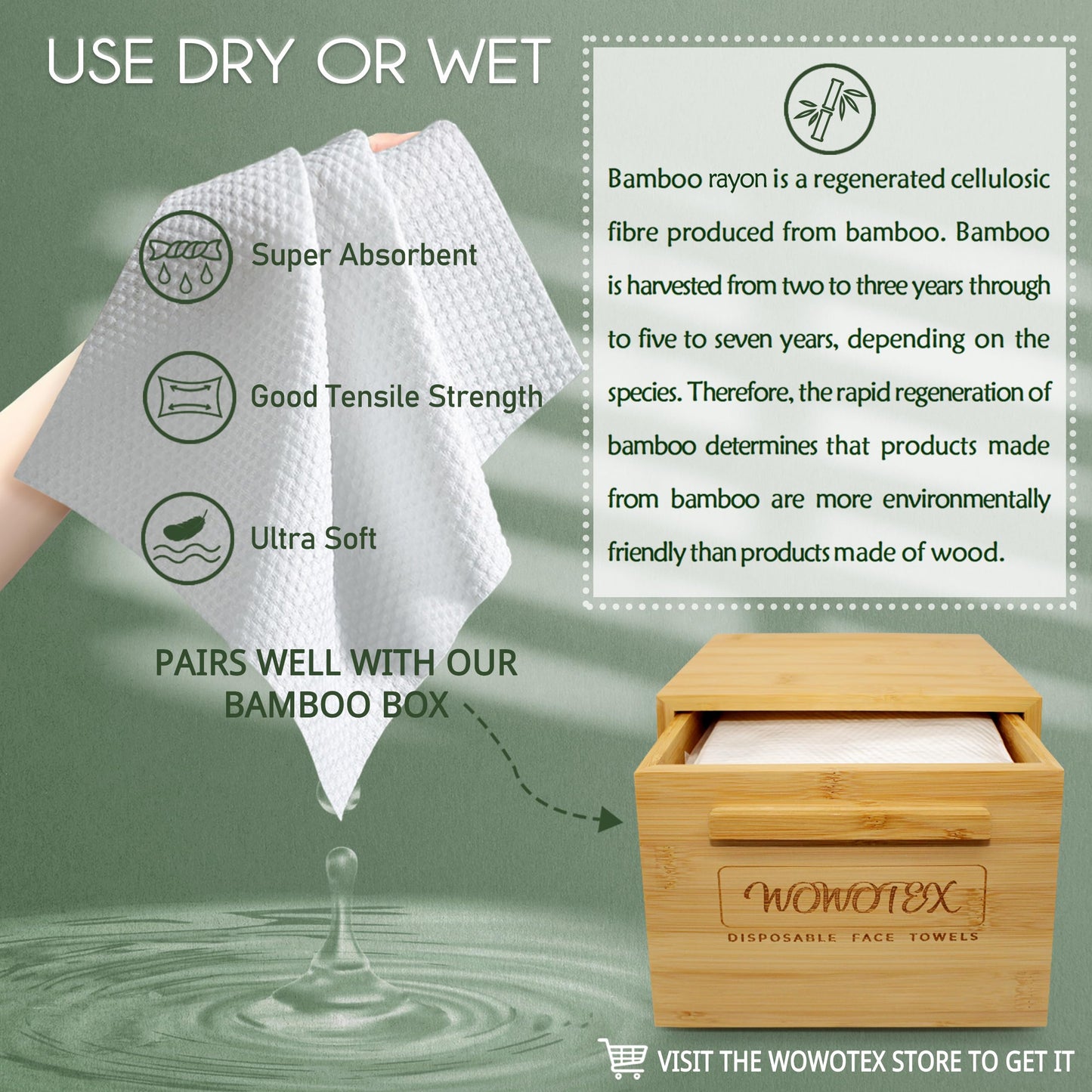 WOWOTEX Bamboo Disposable Face Towels – Biodegradable, Extra Thick & Soft, 60 Count, Ideal for Sensitive Skin, Makeup Removal & Travel