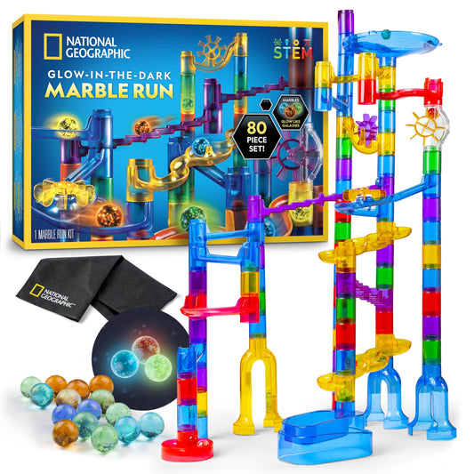 NATIONAL GEOGRAPHIC Glowing Marble Run – STEM Building Set with 15 Glow-in-the-Dark Marbles & Storage Bag, Kids Construction Toy