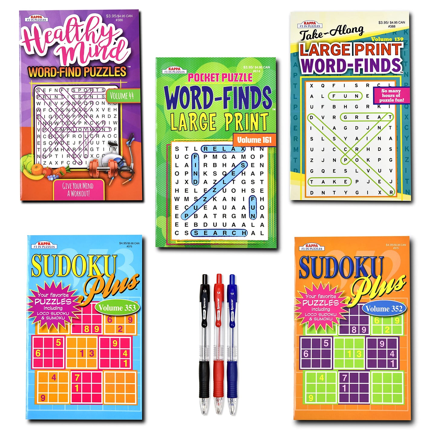 5-Pack Travel-Size Sudoku & Word Search Puzzle Books – 450+ Puzzles, Large Print, Brain Stimulation for Adults & Seniors, 8"x5" Digest