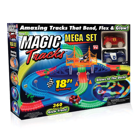 Ontel Magic Tracks Mega Set - 2 LED Race Cars and 18 ft. of Flexible, Bendable Glow in the Dark Racetrack - As Seen on TV