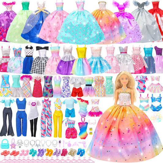 Style Shine 70-Pc Doll Clothes & Accessories Set – 6 Dresses, 2 Wedding Gowns, Casual Outfits, Shoes, Hangers & Toys for Girls