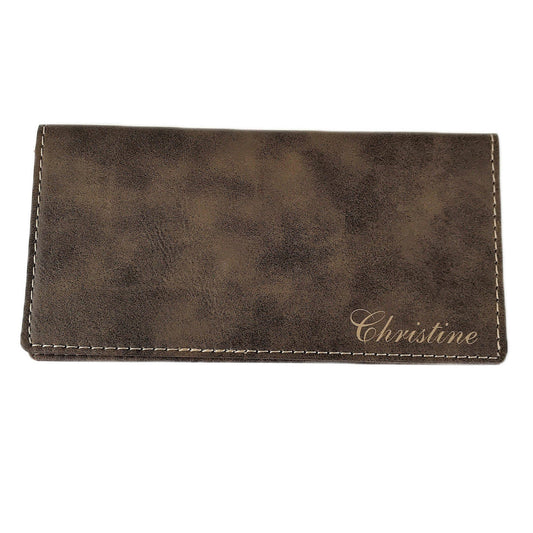 Personalized Checkbook Cover Faux Leather Permanently Engraved (Brown)