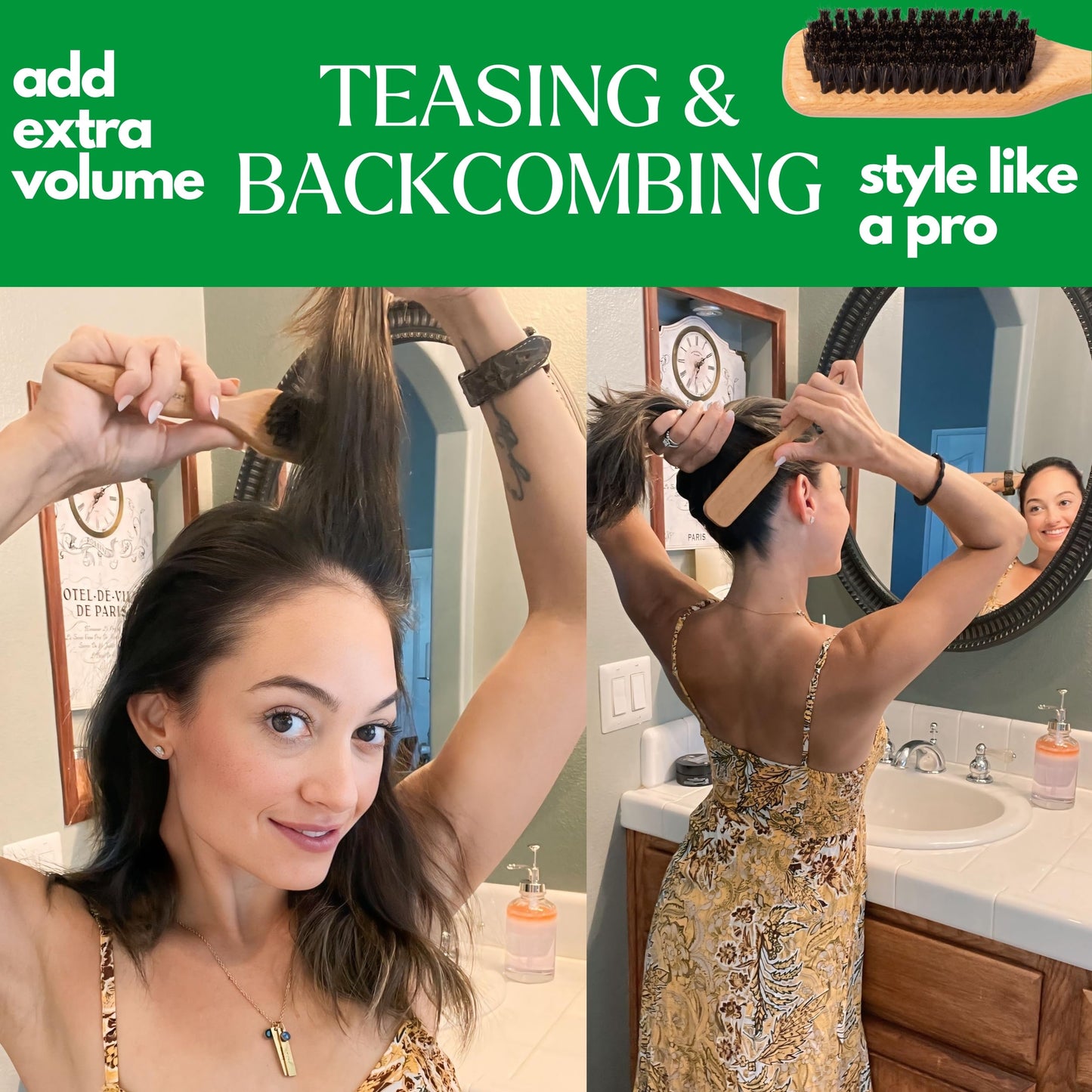 GranNaturals Boar Bristle Slick Back Brush for Sleek Ponytails & Buns – Smooths Flyaways, Baby Hairs & Edges, with Rat Tail for Parting