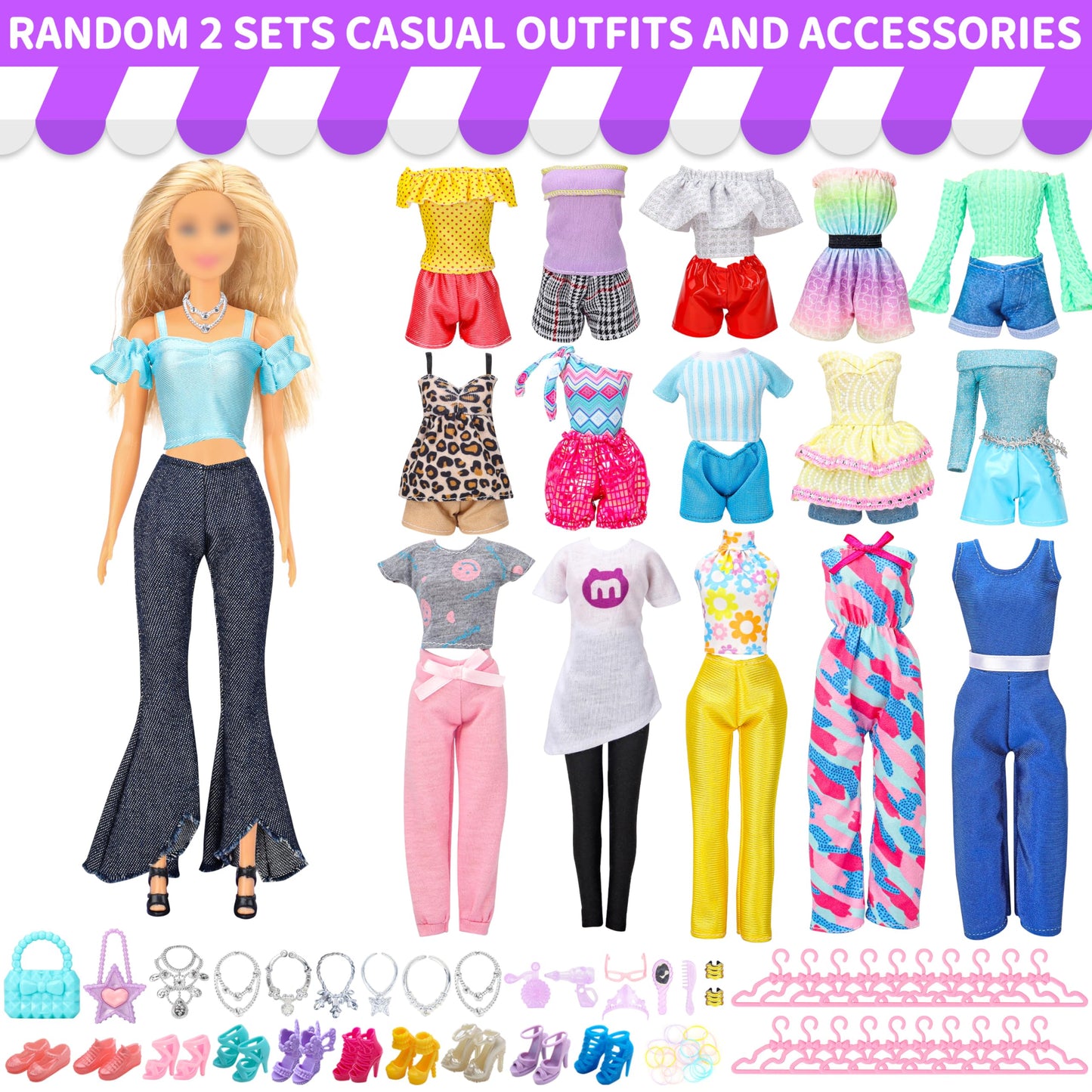Style Shine 70-Pc Doll Clothes & Accessories Set – 6 Dresses, 2 Wedding Gowns, Casual Outfits, Shoes, Hangers & Toys for Girls