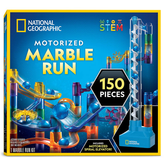National Geographic Marble Run Kit – 150-Piece Motorized Spiral Lift Maze with 30 Marbles, Storage Bag & Kids Physics Toy