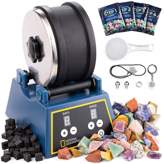 National Geographic Rock Tumbler Kit – 3lb Extra-Large Barrel, 3-Speed Motor, 9-Day Timer, Includes Rocks & Grit for Kids & Adults
