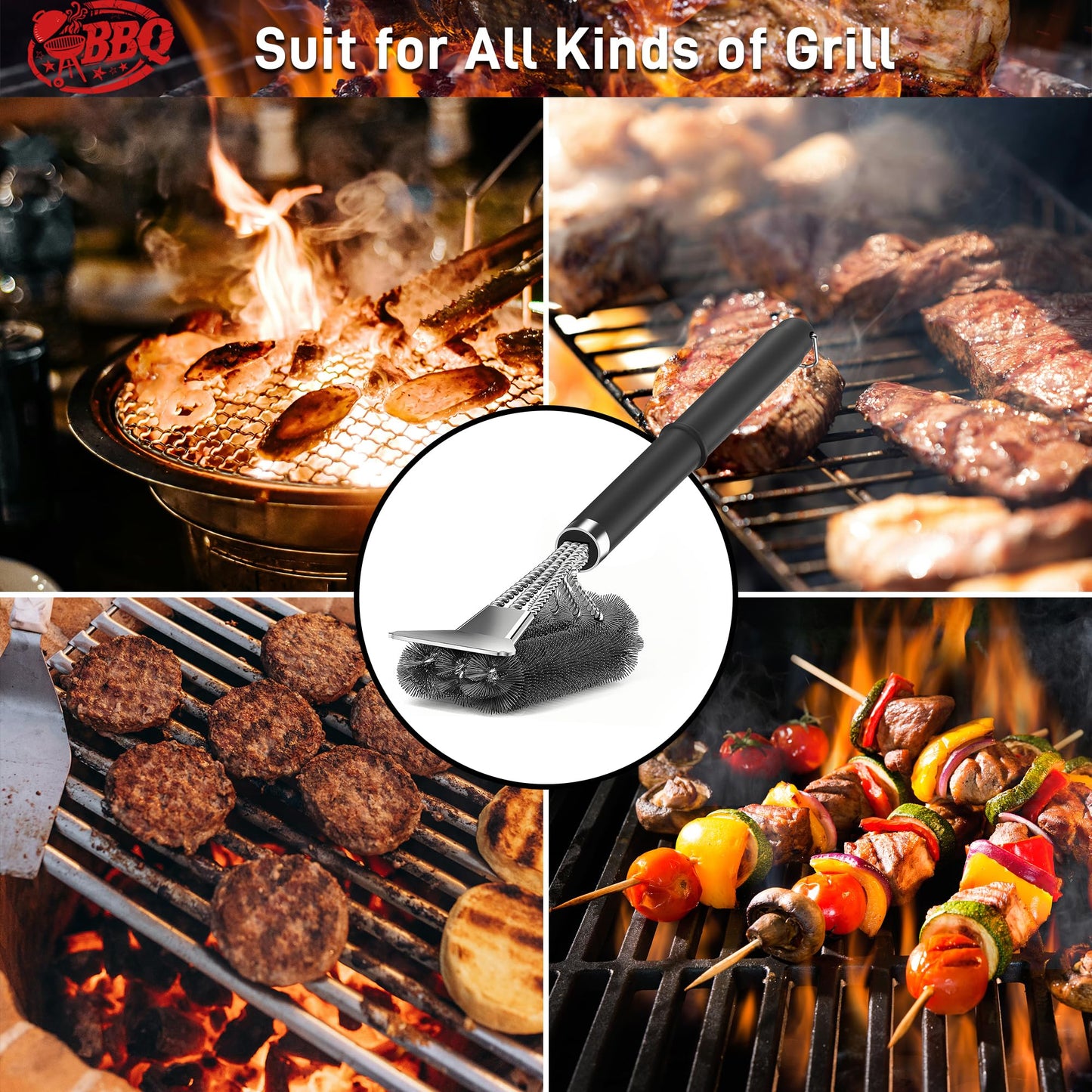 TNTOR 18" Grill Brush with Scraper – Adjustable Handle BBQ Cleaner for Gas, Charcoal & Smoker Grills, Great Gift for Dad