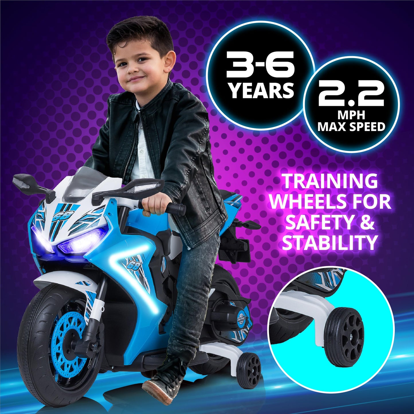 Kid Trax 6V Glow Electric Toddler Motorcycle Ride-On Toy for Kids 3-6 | LED Lights, Realistic Sounds, Indoor/Outdoor, Durable, Blue, 65 lbs Max