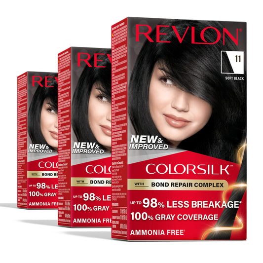 Revlon ColorSilk Permanent Hair Color with Bond Repair Complex, 11 Soft Black, 100% Gray Coverage, Ammonia-Free, Vegan Keratin, Pack of 3