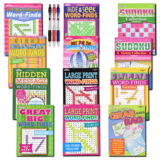12-Pack Sudoku & WordSearch Puzzle Books for Adults – 950+ Puzzles, Brain-Stimulating Activity Book for Seniors, Large 8x10 Paperback