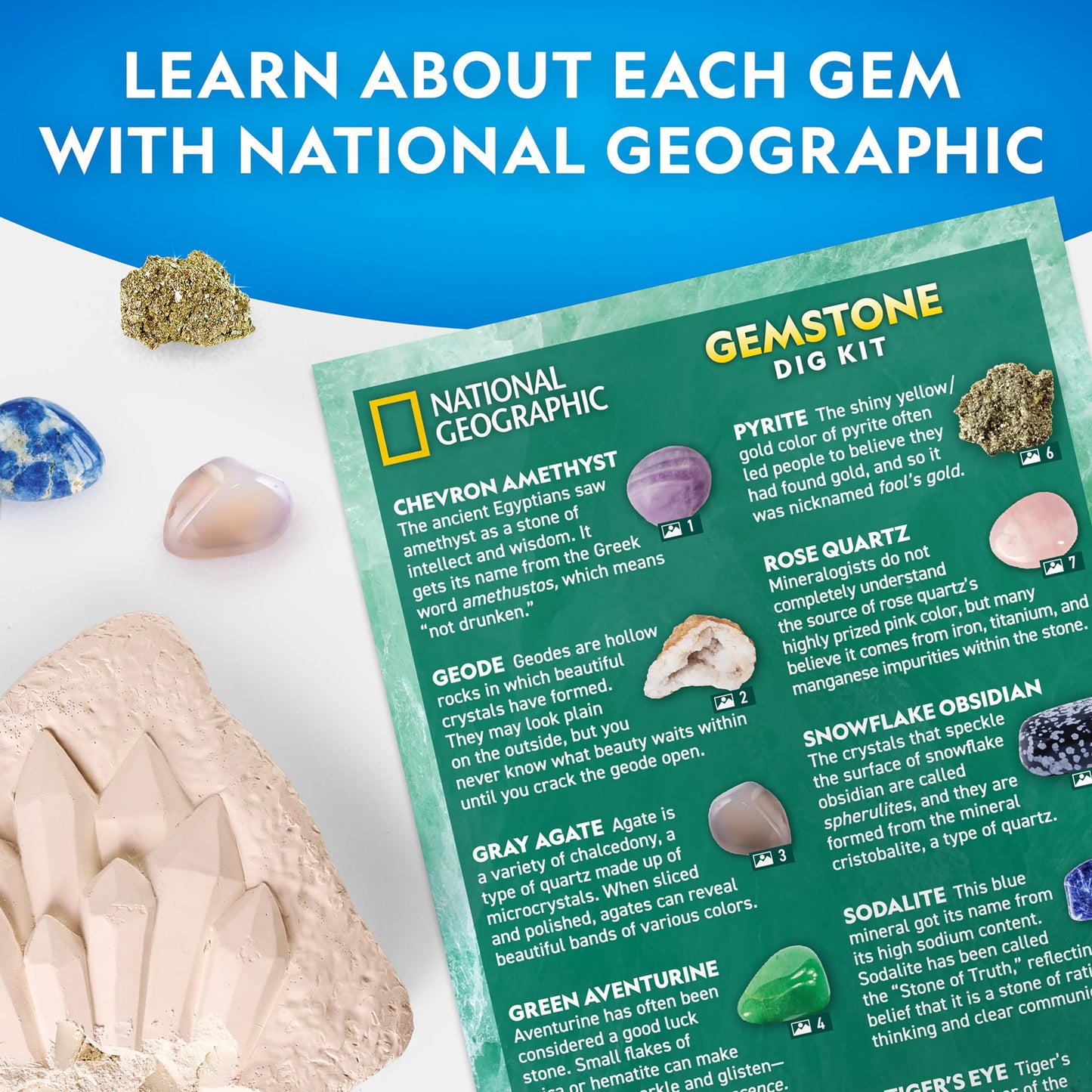 National Geographic Gemstone Dig Kit – Discover 10 Real Gemstones & Crystals, Science & Mining Kit for Kids, Gift for Boys & Girls