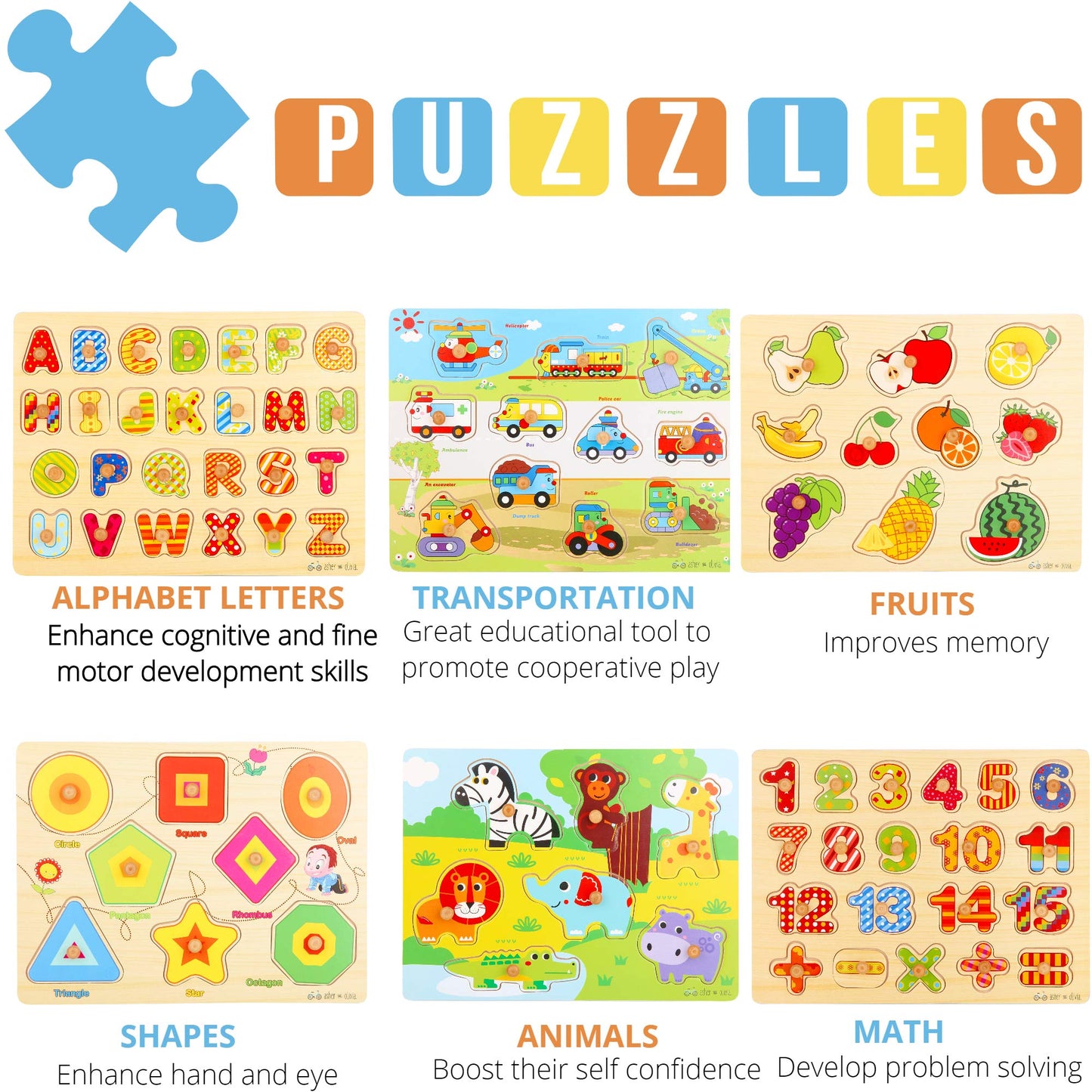 Premium Puzzles for Toddlers and Rack Set - (7 Pack) Includes 1 Learning Clock - 6 Alphabet, Numbers, Shapes, Animals, Cars, Fruits Puzzles
