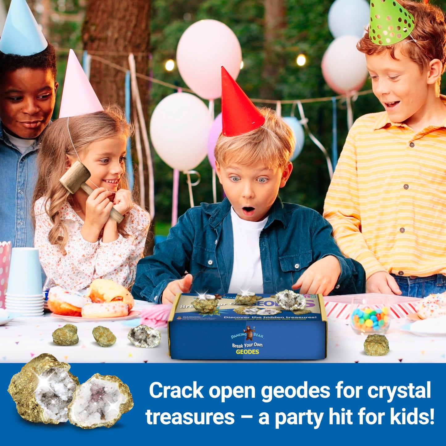 DANCING BEAR 25 Medium Geodes 1–1.5" – 90% Hollow, Break to Discover Crystals Inside! Includes Educational Info, Party Favors & Prizes