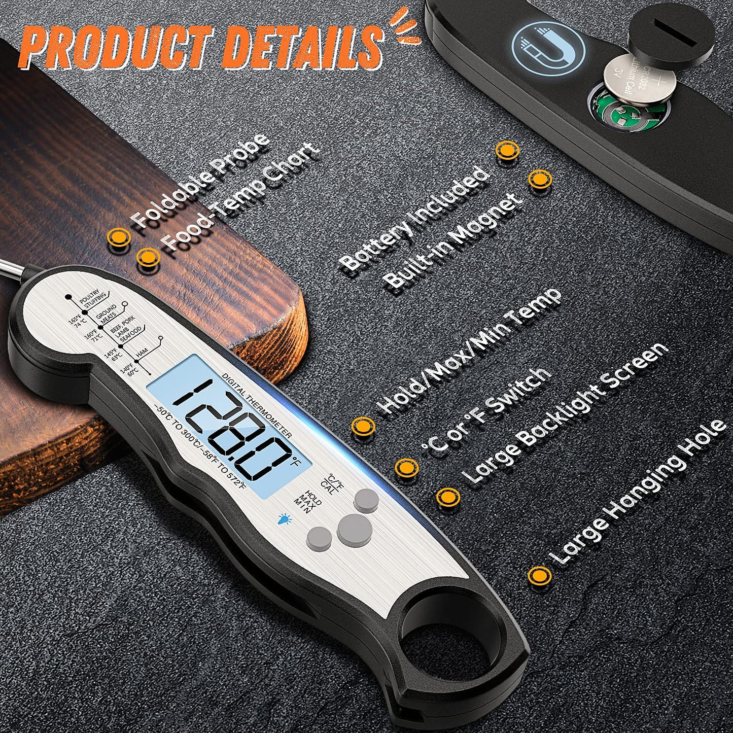 Digital Instant-Read Meat Thermometer – Waterproof, Backlight & Calibrated for BBQ, Candy, Liquids, Beef, Turkey, Cooking & Grilling