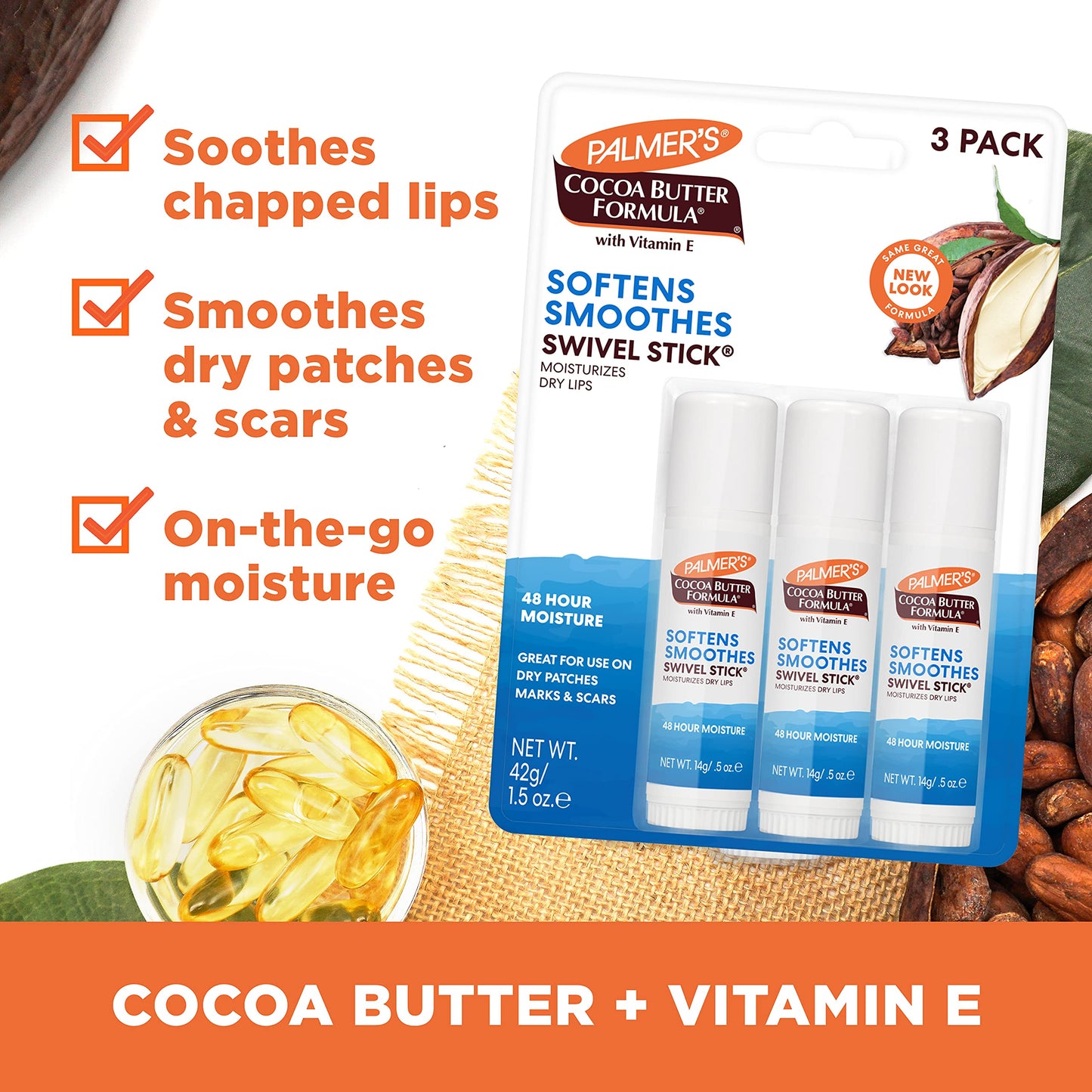 Palmer's Cocoa Butter Formula Moisturizing Stick with Vitamin E – Lip & Body Balm, Dry Skin Relief, Pack of 3, Stocking Stuffer