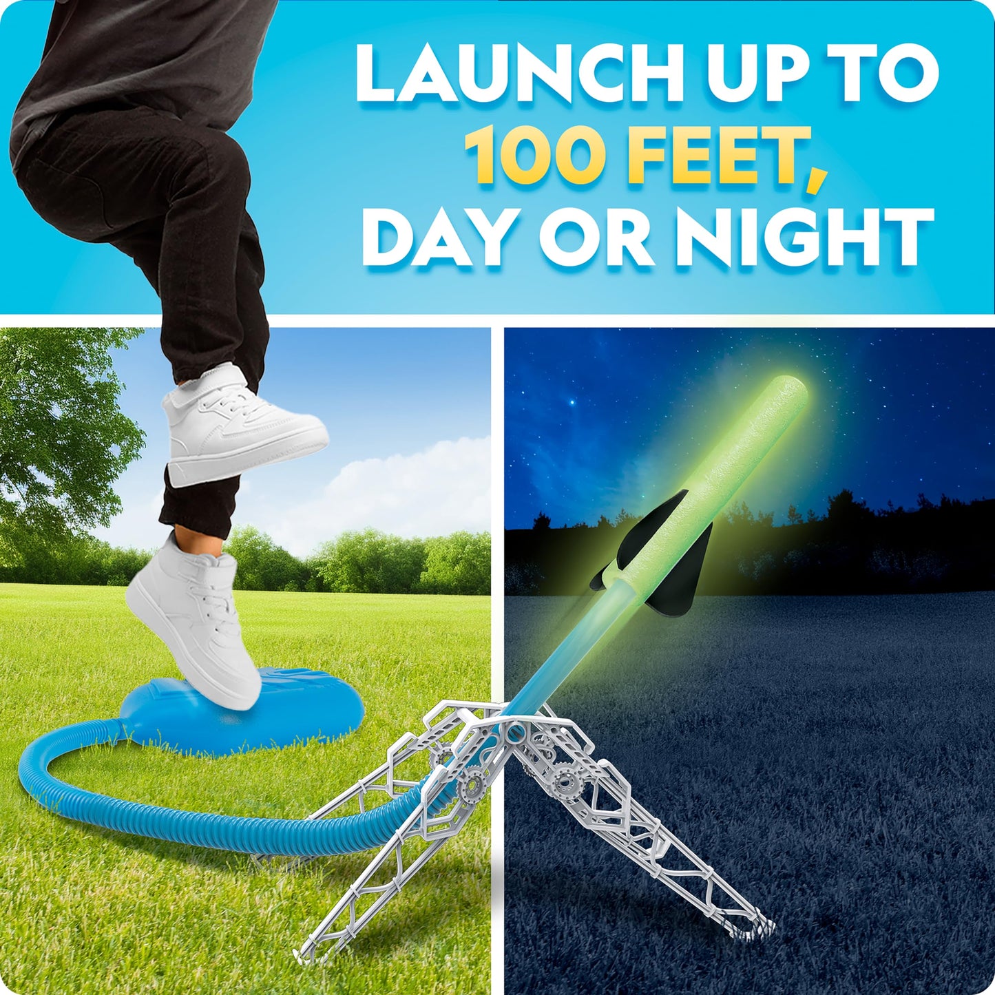 National Geographic Air Rocket Launcher Toy - Launch Glow-in-the-Dark Rockets Up to 100 Ft, Outdoor Fun for Kids 8-12, Rocket Kit Toy