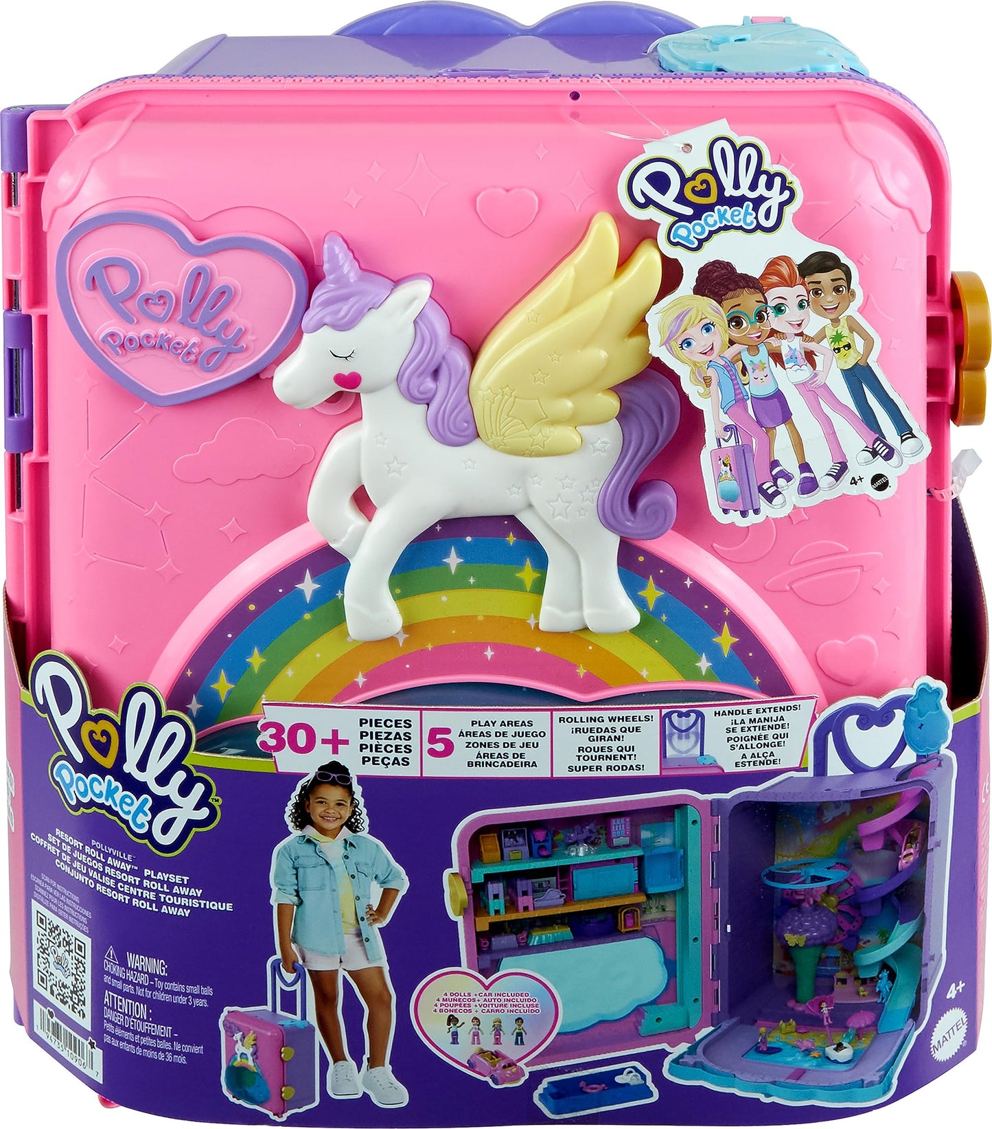 Polly Pocket Dolls, Playset and Travel Toys, 4 Dolls, 1 Vehicle, 25+ Accessories, Resort Roll Away (Amazon Exclusive)