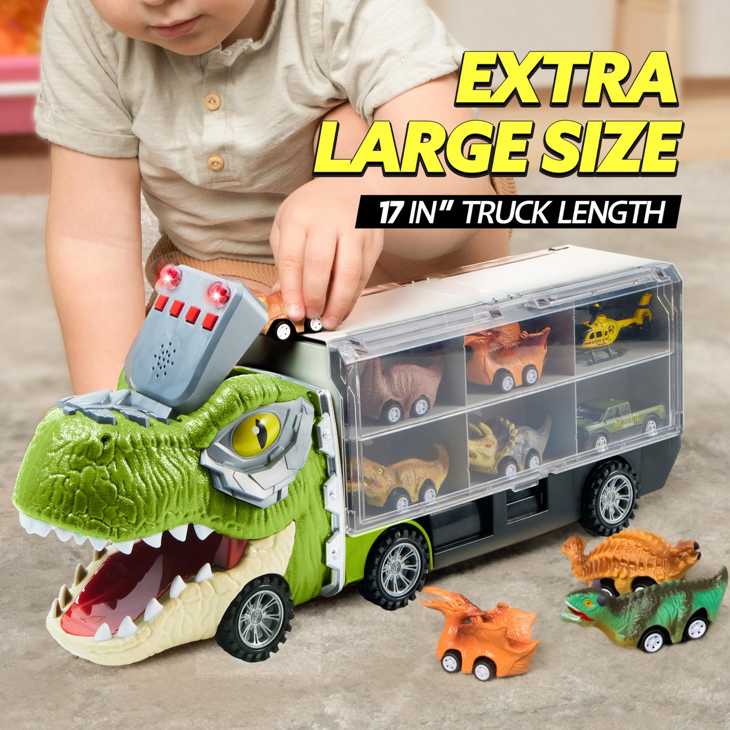 JOYIN 13-in-1 Dinosaur Toy Set for Kids 3-5 – Truck with 12 Pull-Back Cars, Transport Carrier, Birthday & Christmas Gift for Boys