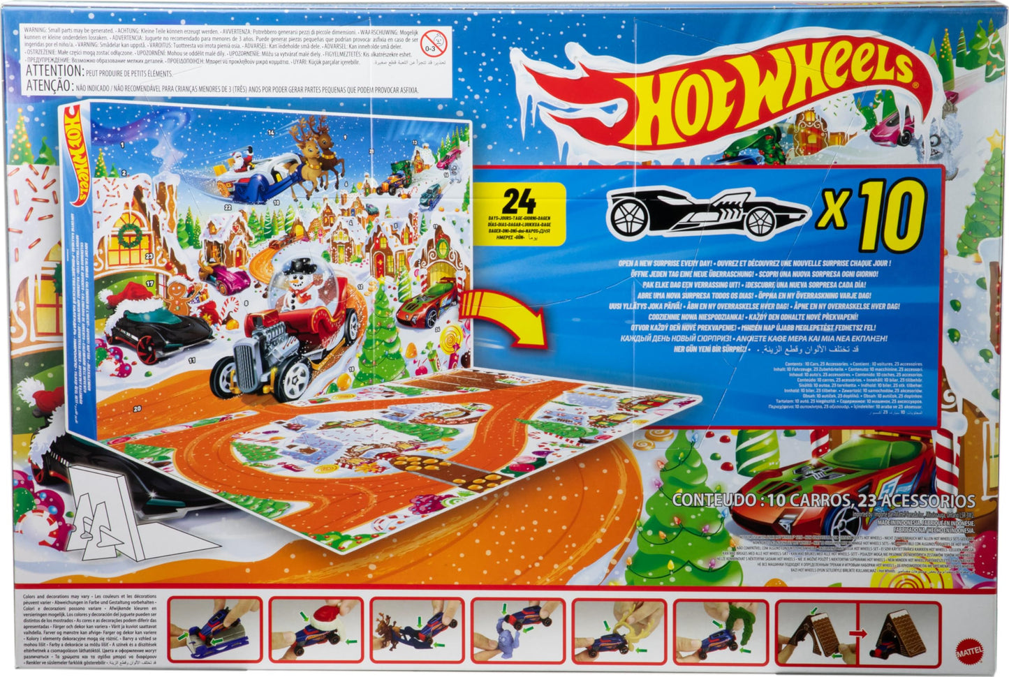 Hot Wheels Toy Cars & Playset, 2025 Advent Calendar with 10 Vehicles in 1:64 Scale, 10 Ornament Clips & 14 Winter-Themed Accessories