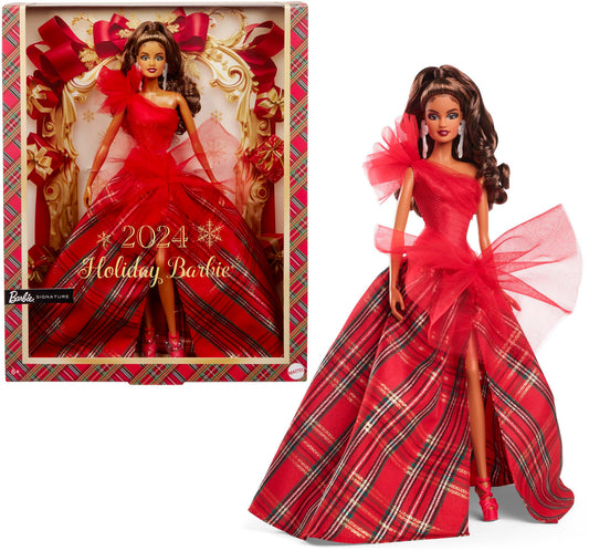 Barbie Signature 2024 Holiday Doll with Light Brown Hair in Plaid Gown, Collectible Toy in Displayable Packaging