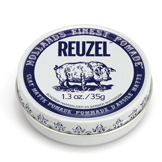 Reuzel pomade tin with blue and white design on a white background
