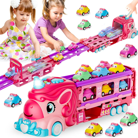 Funwee Unicorn Car Toys for Girls 2-7, Princess Carrier Truck with Sound & Lights, 2-Player Foldable Race Track, Birthday Gift