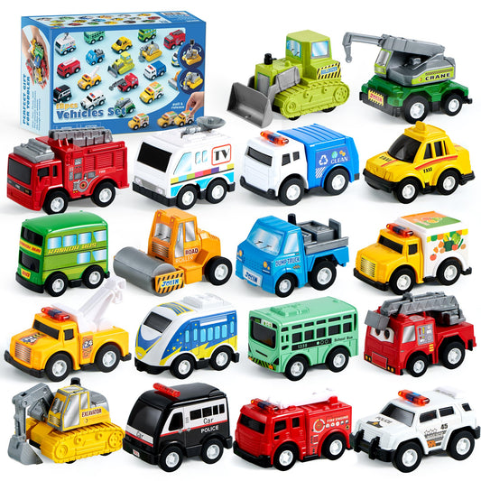 JOYIN 18-Pc Pull Back Cars & Trucks Toy Set – Friction Powered Vehicles for Toddlers Boys & Girls, Educational Play, Stocking Stuffers & Classroom Gifts