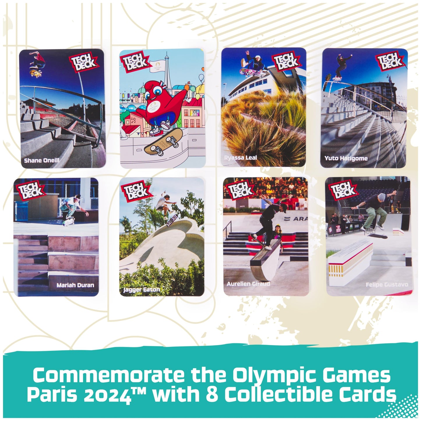 Tech Deck Competition Legends 8-Pack Fingerboards with Collectible Cards, Paris 2024 Olympics Mini Skateboards for Kids 6+