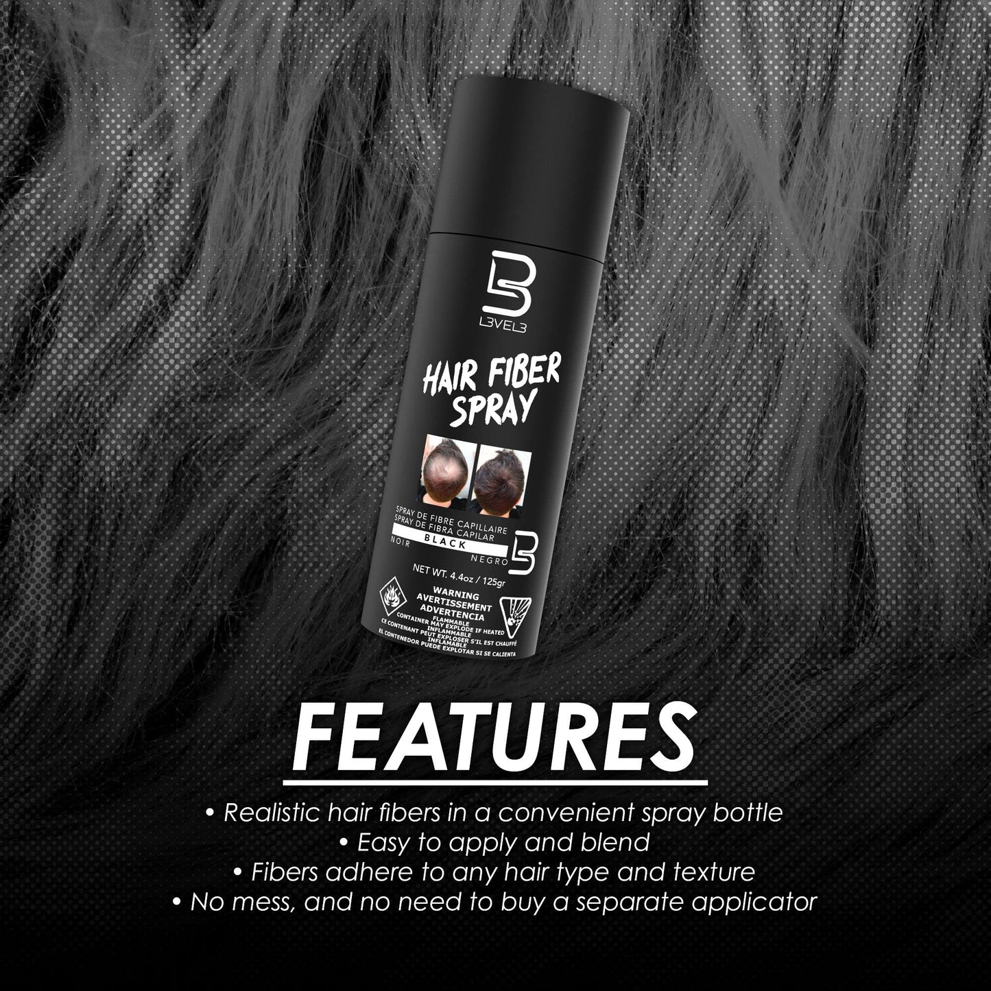 L3 Level 3 Black Hair Fiber Spray - Covers Bald Spots & Thinning Hair - Instant Gray Coverage & Thicker Hair Appearance