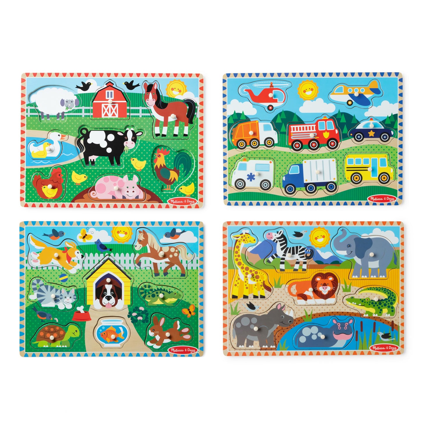 Melissa & Doug Wooden Peg Puzzle Set – 4-Pack Vehicle, Farm, Safari & Pet Animal Themes – Educational Puzzles for Toddlers and Preschoolers Ages 2+