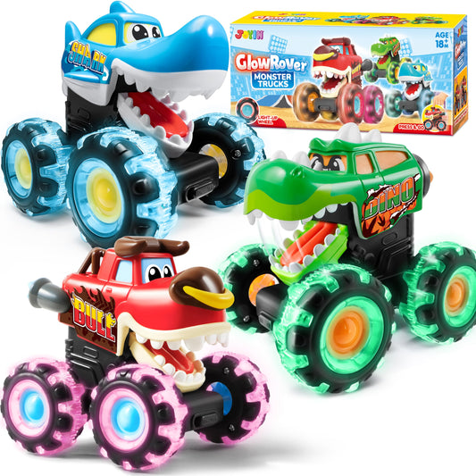 JOYIN 3-Pack Monster Truck Toys – Motion-Activated Light-Up Press & Go Cars for Toddlers, Boys Birthday & Christmas Gifts