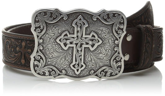 Nocona Belt Co. Women's Nocona Scroll Embose Cross Buckle Belt Accessory, brown, Small