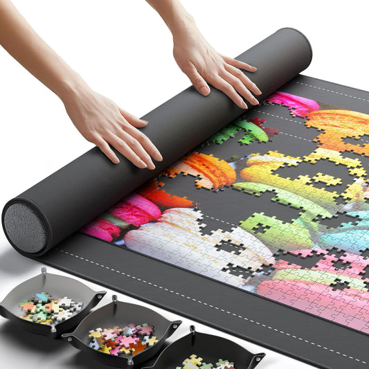 Newverest Jigsaw Puzzle Mat Roll-Up – 46"x26" Saver Pad for Up to 1500 Pieces, Non-Slip, Includes 3 Sorting Trays & Travel Storage Bag